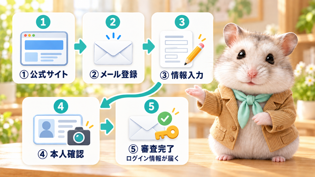 公式サイトへのアクセスからログイン情報の受け取りまで、口座開設の5ステップを紹介する記者Aハムスター