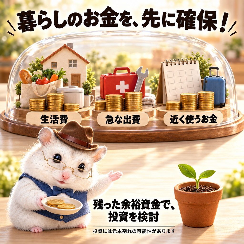 生活費・急な出費・近く使うお金を先に確保し、残った余裕資金で投資を検討することを案内する編集長