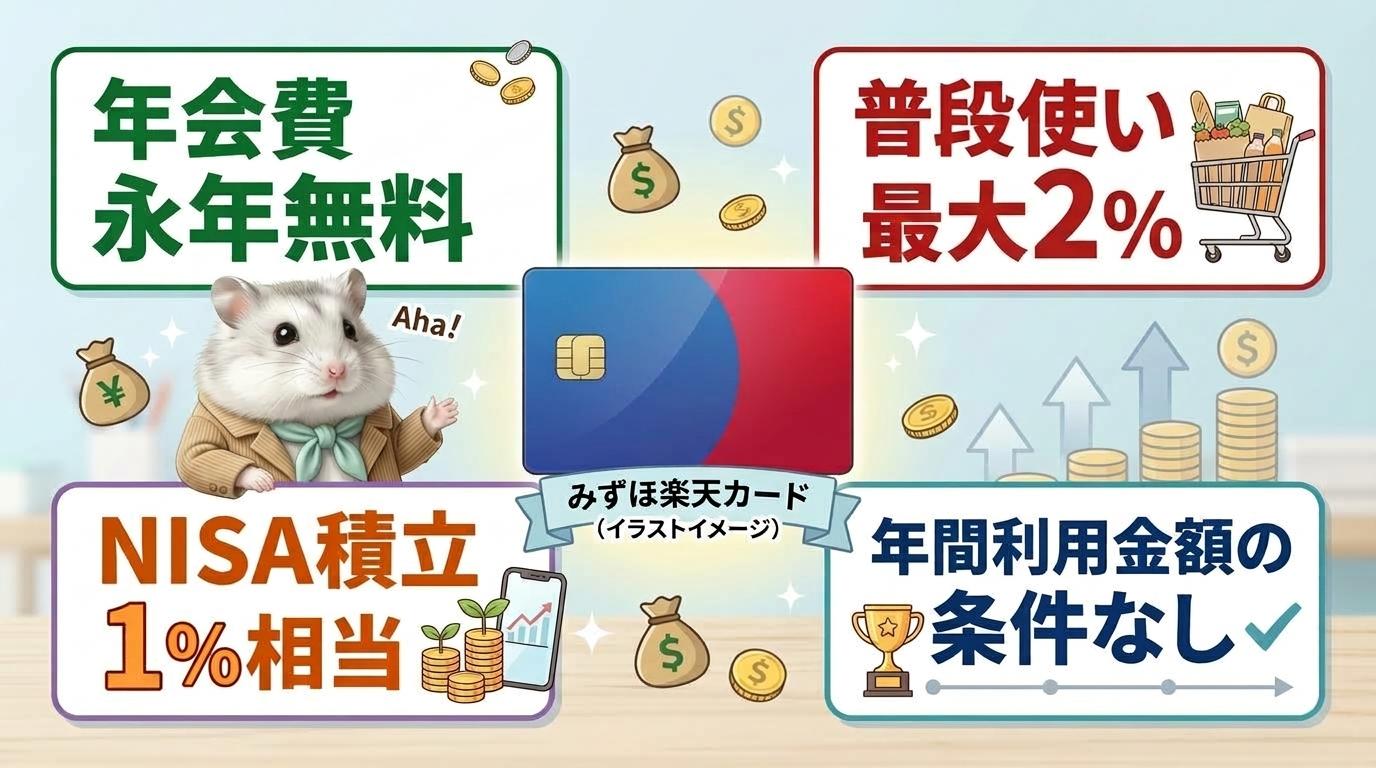 みずほ楽天カードの年会費無料、通常利用最大2％、NISA積立1％相当、年間利用金額条件なしを紹介する図