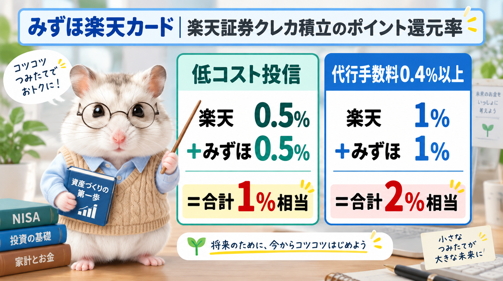 みずほ楽天カードの楽天証券クレカ積立で、低コスト投信は合計1％相当、代行手数料が年率0.4％（税込）以上は合計2％相当になることを説明する図