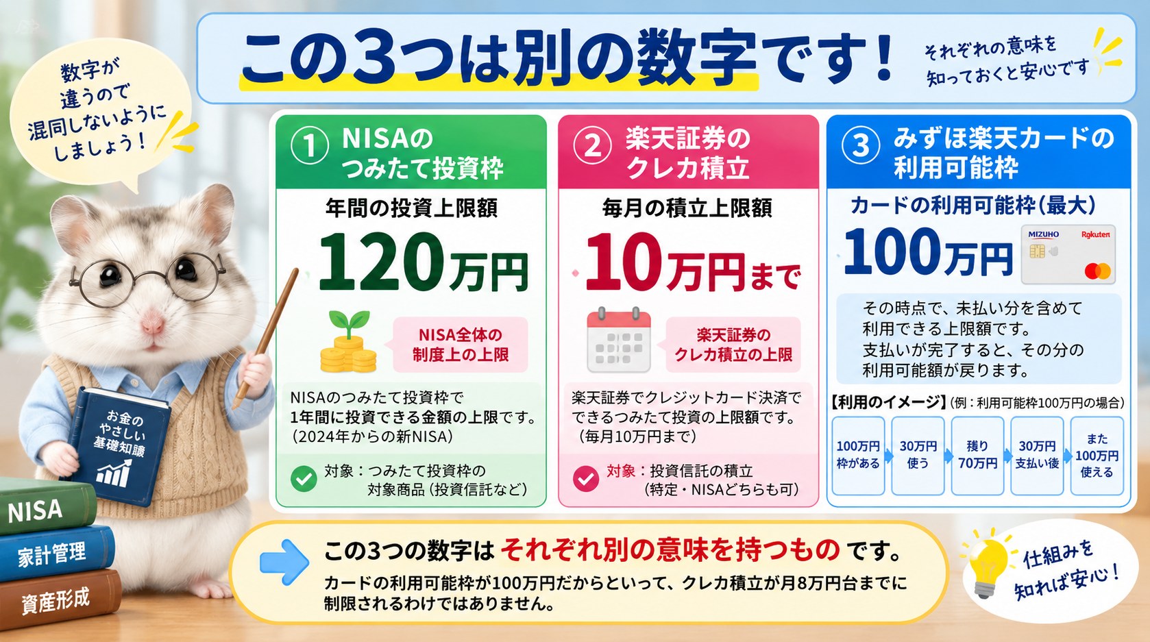 NISAのつみたて投資枠年間120万円、楽天証券のクレカ積立月10万円、みずほ楽天カードの利用可能枠最高100万円は別の数字であることを説明する図