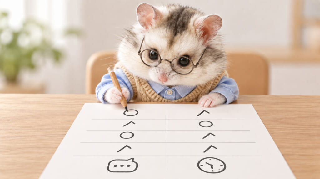 記者Bが比較条件を確認し、用紙に丸やチェックを付けている