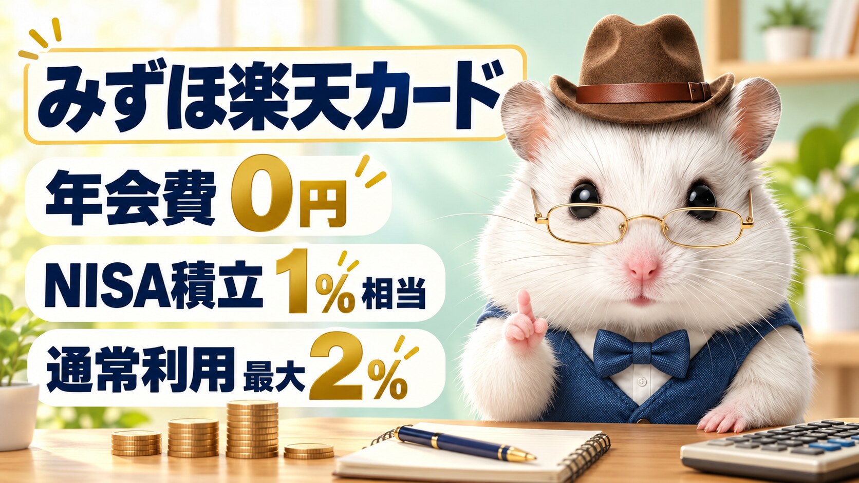 みずほ楽天カードの年会費0円、NISA積立1％相当、通常利用最大2％を紹介する編集長の画像